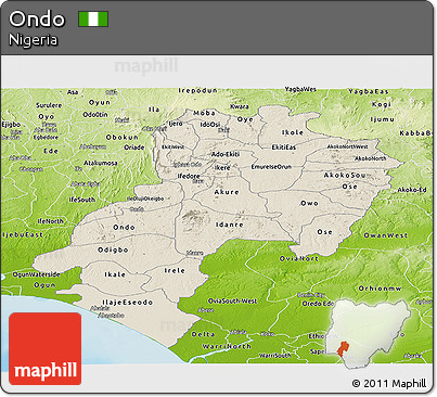 Shaded Relief Panoramic Map of Ondo, physical outside