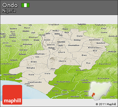 Shaded Relief Panoramic Map of Ondo, physical outside