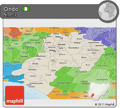 Shaded Relief Panoramic Map of Ondo, political shades outside