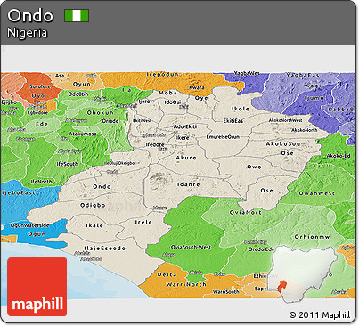 Shaded Relief Panoramic Map of Ondo, political shades outside