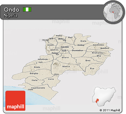 Shaded Relief Panoramic Map of Ondo, single color outside