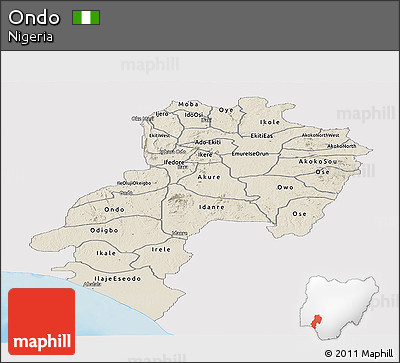 Shaded Relief Panoramic Map of Ondo, single color outside