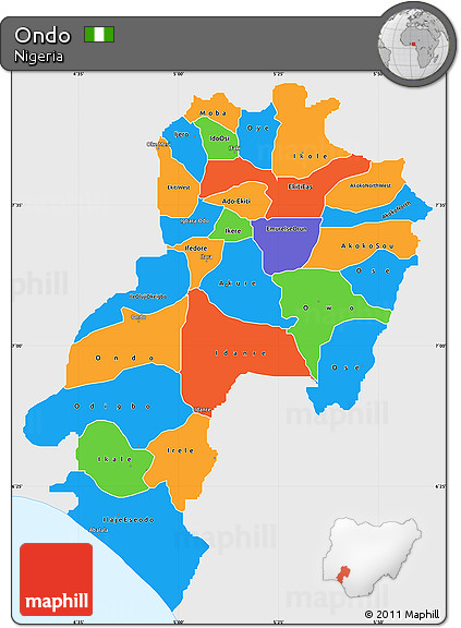 Political Simple Map of Ondo, single color outside