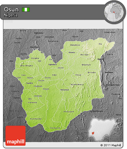 Physical 3D Map of Osun, darken, desaturated