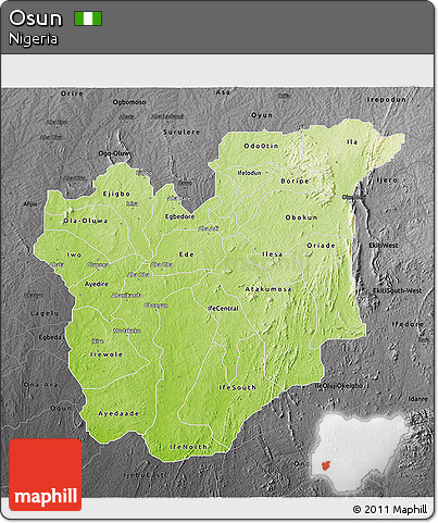 Physical 3D Map of Osun, darken, desaturated