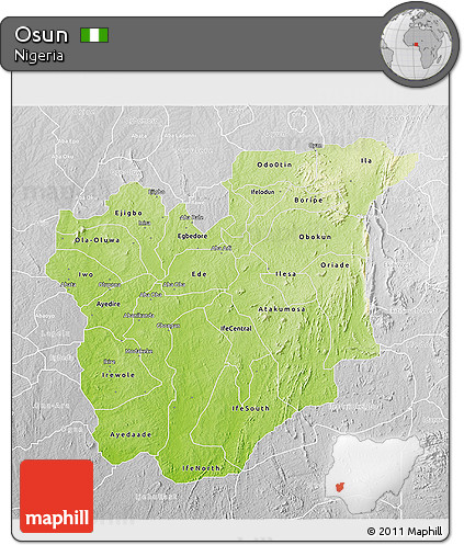 Physical 3D Map of Osun, lighten, desaturated