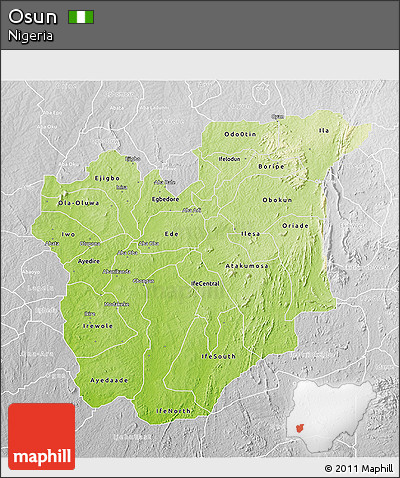 Physical 3D Map of Osun, lighten, desaturated