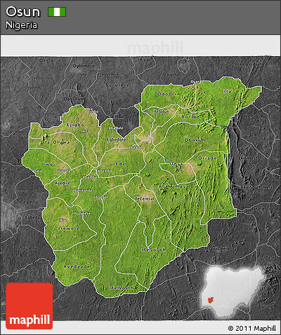Satellite 3D Map of Osun, darken, desaturated