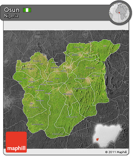 Satellite 3D Map of Osun, darken, desaturated