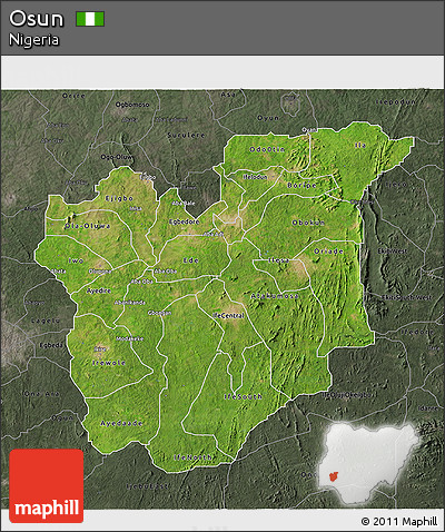 Satellite 3D Map of Osun, darken, semi-desaturated