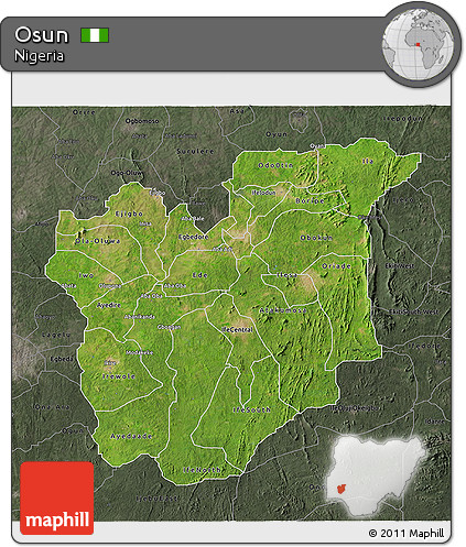 Satellite 3D Map of Osun, darken, semi-desaturated