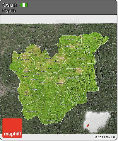 Satellite 3D Map of Osun, darken, semi-desaturated
