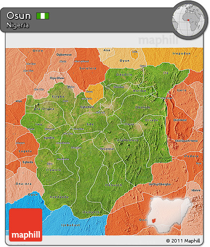 Satellite 3D Map of Osun, political shades outside