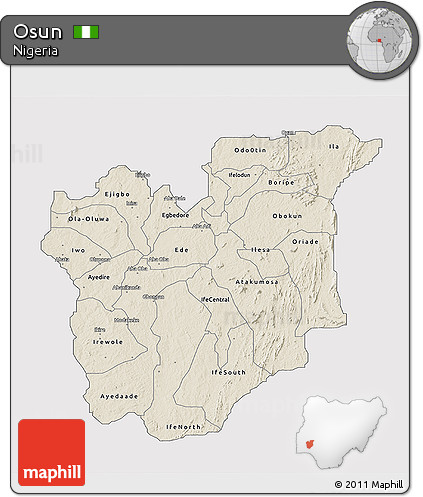 Shaded Relief 3D Map of Osun, cropped outside