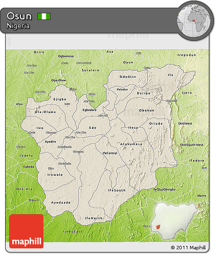 Shaded Relief 3D Map of Osun, physical outside