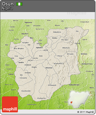Shaded Relief 3D Map of Osun, physical outside
