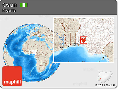 Shaded Relief Location Map of Osun, highlighted country