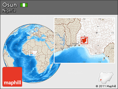 Shaded Relief Location Map of Osun, highlighted country