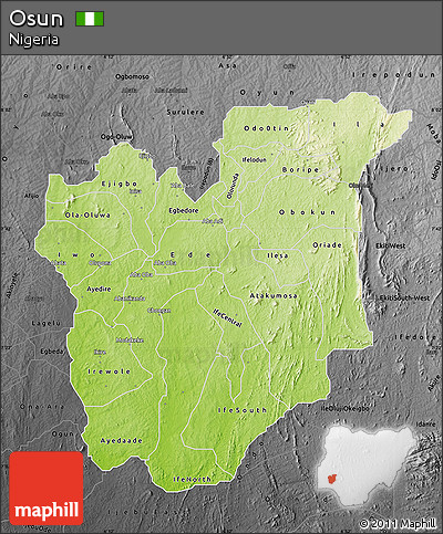 Physical Map of Osun, darken, desaturated