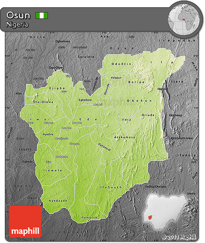 Physical Map of Osun, darken, desaturated