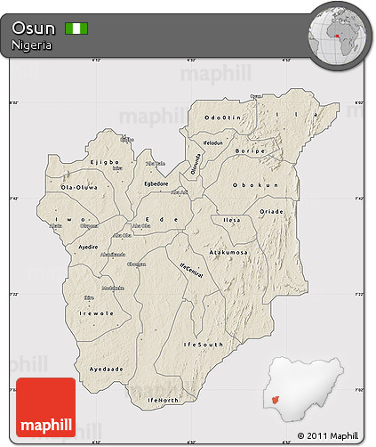 Shaded Relief Map of Osun, cropped outside