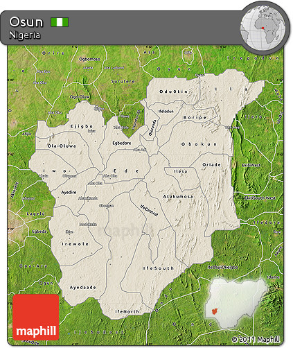 Shaded Relief Map of Osun, satellite outside