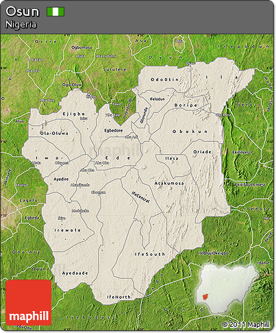Shaded Relief Map of Osun, satellite outside