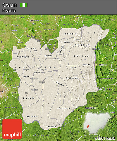 Shaded Relief Map of Osun, satellite outside