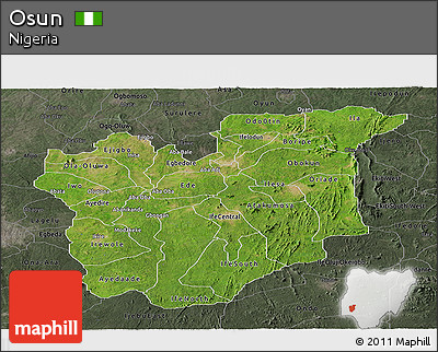 Satellite Panoramic Map of Osun, darken, semi-desaturated