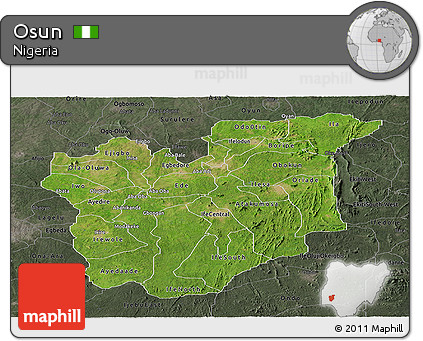 Satellite Panoramic Map of Osun, darken, semi-desaturated