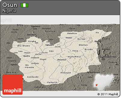 Shaded Relief Panoramic Map of Osun, darken