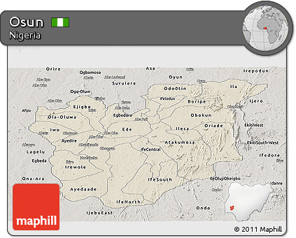 Shaded Relief Panoramic Map of Osun, semi-desaturated