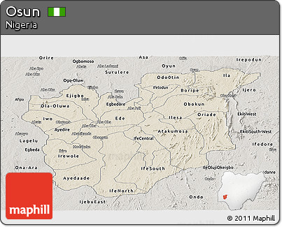 Shaded Relief Panoramic Map of Osun, semi-desaturated