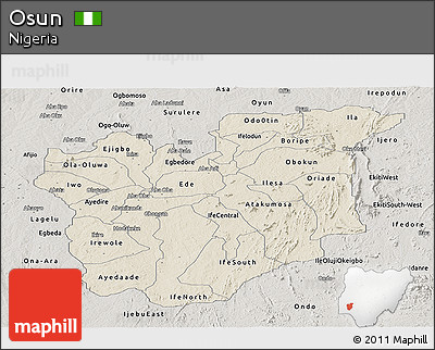 Shaded Relief Panoramic Map of Osun, semi-desaturated