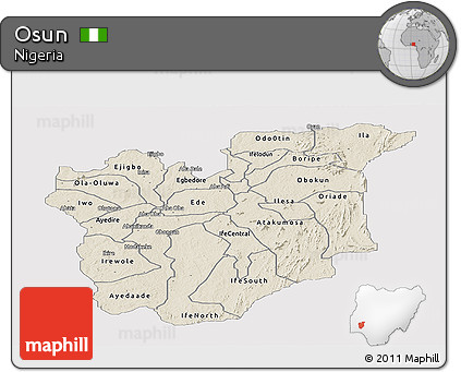 Shaded Relief Panoramic Map of Osun, single color outside
