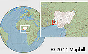 Savanna Style Location Map of Akinyele, highlighted country, highlighted parent region, within the entire country, hill shading