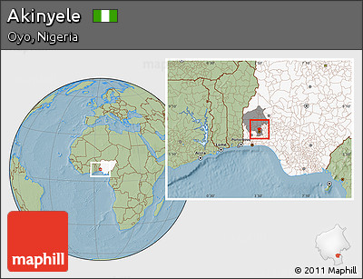Savanna Style Location Map of Akinyele, highlighted country, highlighted parent region, hill shading