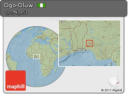 Savanna Style Location Map of Ogo-Oluw, hill shading