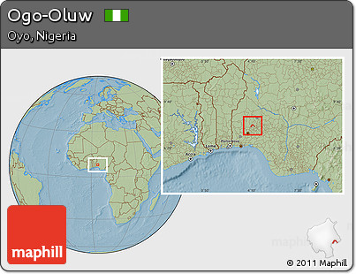 Savanna Style Location Map of Ogo-Oluw, hill shading