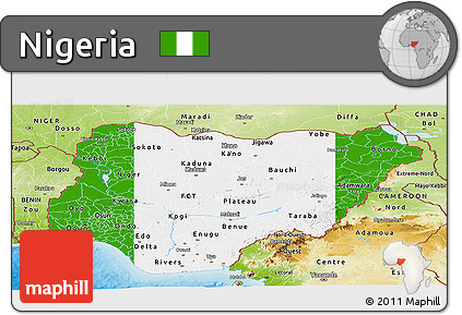 Flag Panoramic Map of Nigeria, physical outside, bathymetry sea, flag centered