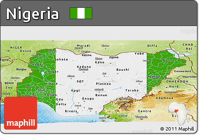 Flag Panoramic Map of Nigeria, physical outside, bathymetry sea, flag centered