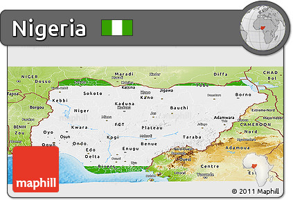 Flag Panoramic Map of Nigeria, physical outside, bathymetry sea, flag aligned to the middle