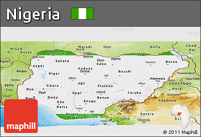 Flag Panoramic Map of Nigeria, physical outside, bathymetry sea, flag aligned to the middle