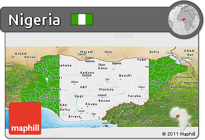 Flag Panoramic Map of Nigeria, satellite outside, bathymetry sea, flag centered