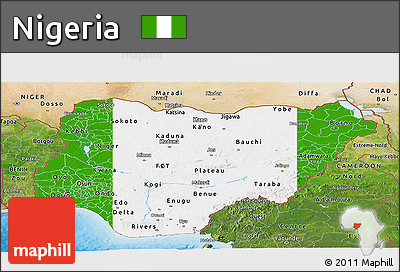 Flag Panoramic Map of Nigeria, satellite outside, bathymetry sea, flag centered