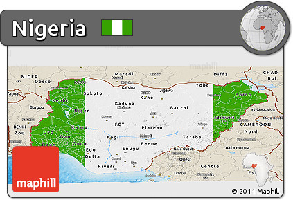 Flag Panoramic Map of Nigeria, shaded relief outside, bathymetry sea, flag centered