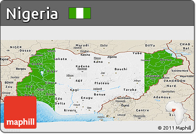 Flag Panoramic Map of Nigeria, shaded relief outside, bathymetry sea, flag centered
