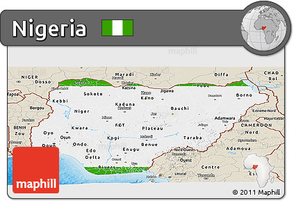 Flag Panoramic Map of Nigeria, shaded relief outside, bathymetry sea, flag aligned to the middle