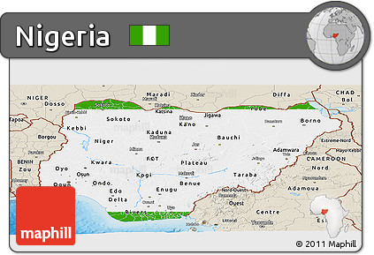 Flag Panoramic Map of Nigeria, shaded relief outside, flag aligned to the middle