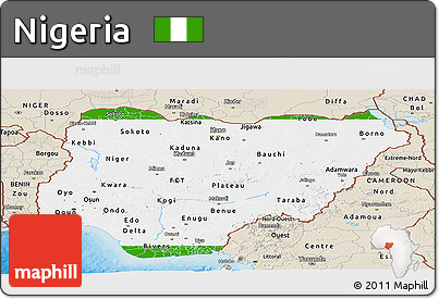 Flag Panoramic Map of Nigeria, shaded relief outside, flag aligned to the middle